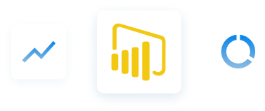 set of 3 icons, a graph on the left, a logo of PowerBi in the middle and a pie chart on the right
