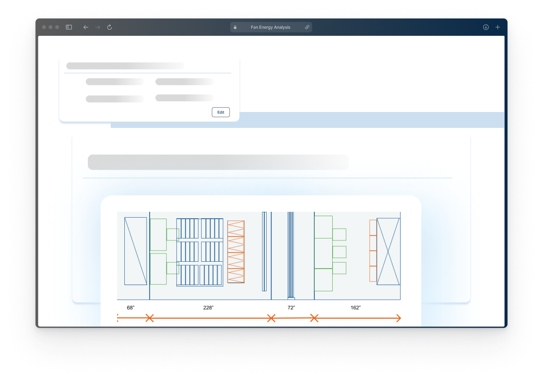a product image of fan energy tool stylized as wireframe in a browser window, with image of cabinet sections segregated with measuremements called out